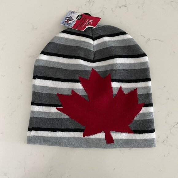 True North Acrylic Spandex Striped Toque w Prominent Maple Leaf Grey Wht Red OS - Picture 5 of 5
